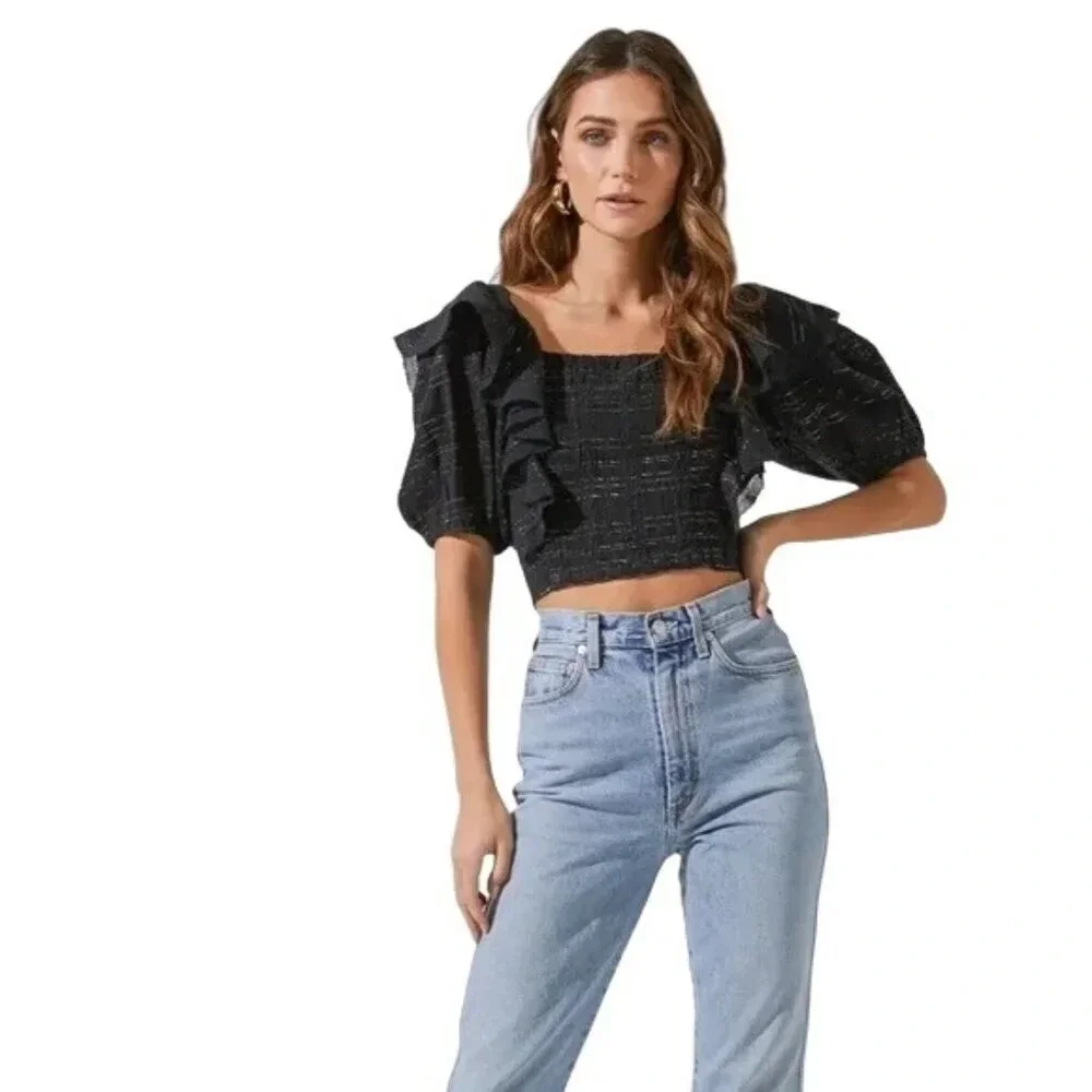 ASTR the Label Nardini Ruffle Crop Top in Black Medium New Womens Blouse